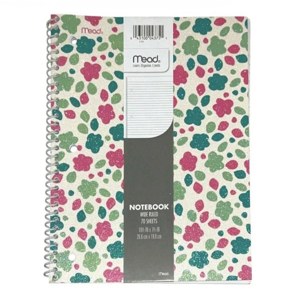 3x Mead Glitter Glam Sparkle Wide Ruled Spiral Notebook 70 Sheets Each